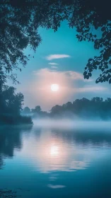 Mist-veiled lake at sunrise rendered in cool cyan tonal harmony