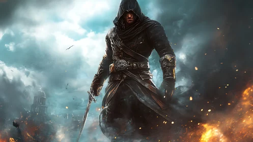 Hooded melee operative amid turbulent incendiary skyline.