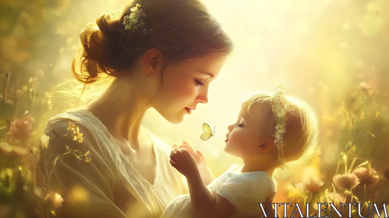 Mother and Child in Golden Wildflower Field.