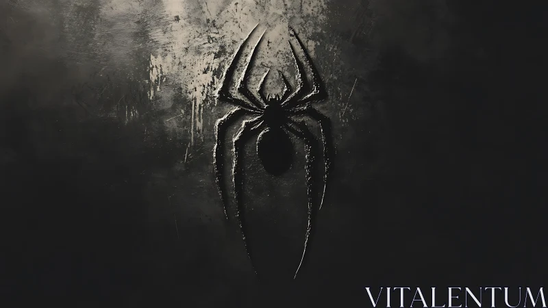 Dark metallic spider emblem on textured black surface.