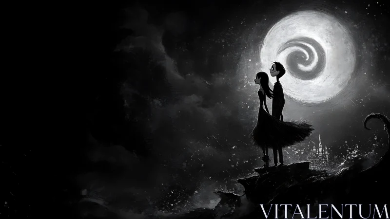 Silhouettes Under Spiral Moon and Glowing Castle.