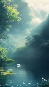 Serene white swan glides across misty forest lake at dawn