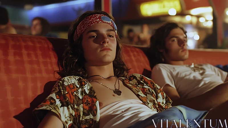 Cinematic retro lounge portrait with relaxed teen duo framing.