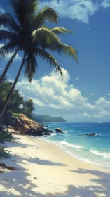 Tropical beach coastline with palm tree and sandy shore.