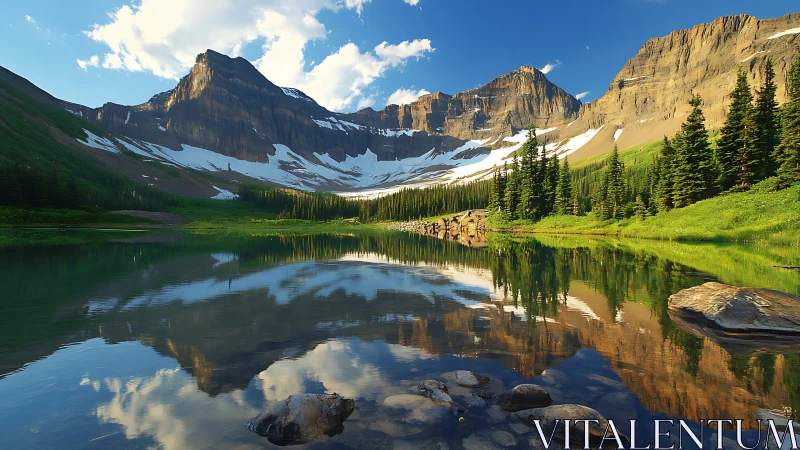 Alpine lake reflecting rugged mountains and green forest.