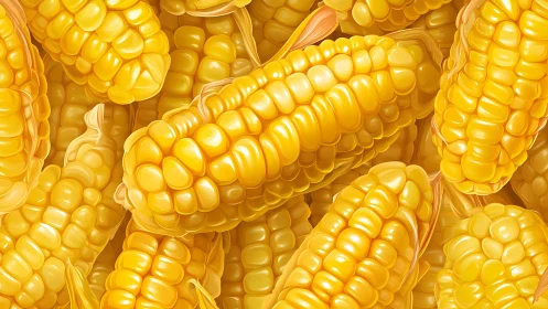 Hyperreal glossy corn cobs with layered golden kernels.