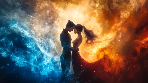 Fire and Ice Embrace. Lovers Kiss Amid Elemental Chaos.