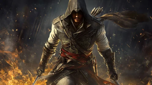 Hooded rogue advances through fire with twin blades drawn.