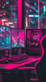 Neon gamer’s corner glowing with cozy cybercity light.