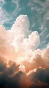 Sunlit cloud towers rising into a softly painted sky.