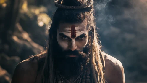 Photorealistic ascetic portrait with dramatic chiaroscuro lighting.