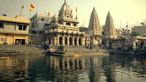 Sunlit riverside temple complex mirrored in calm waters.