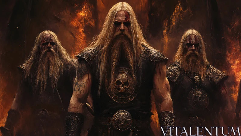 Triad of armored berserkers stand amid infernal backlighting flames