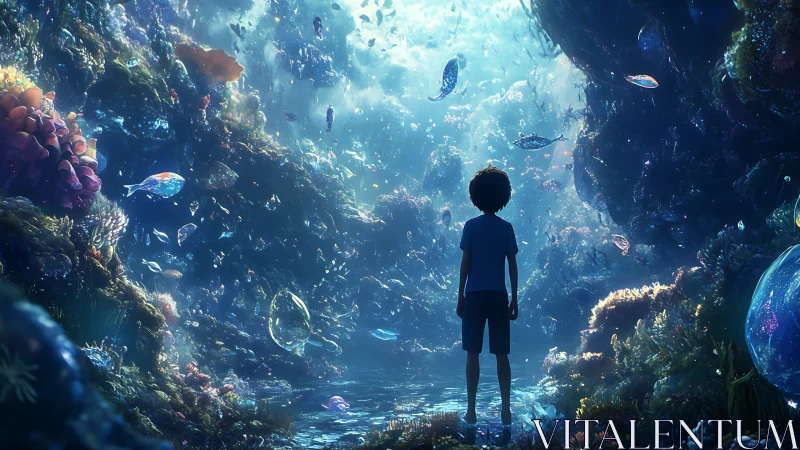 Child wandering through a shimmering underwater dreamscape.