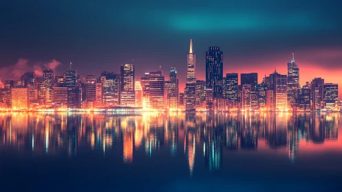 Neon lit city skyline reflected on calm waterfront at night.