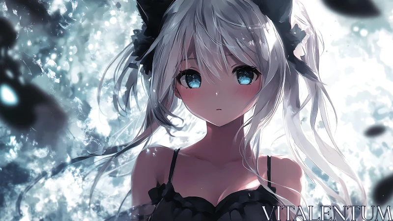 Moonlit cat-eared girl drifts through frosted starlight haze