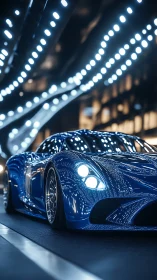 Sleek blue supercar under streaming tunnel lights at night.