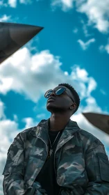 Stylish man in camo jacket gazes upward beneath vivid sky.