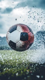 Wet soccer ball splashing up water on outdoor grass field.