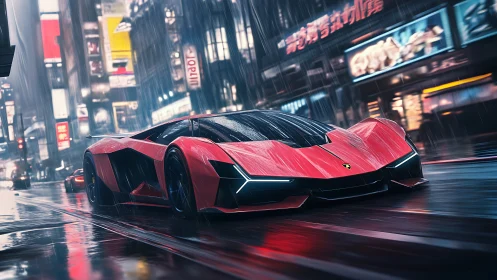 Red Lamborghini hypercar in neon‑lit rainy cyberpunk avenue