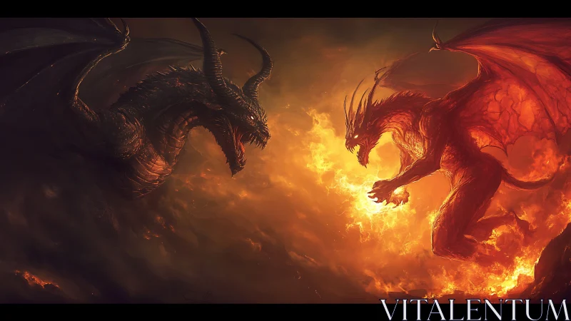 Opposed chromatic dragons locked in incandescent aerial combat.