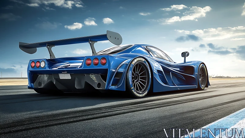 Blue GT race car cornering on sunlit circuit tarmac.