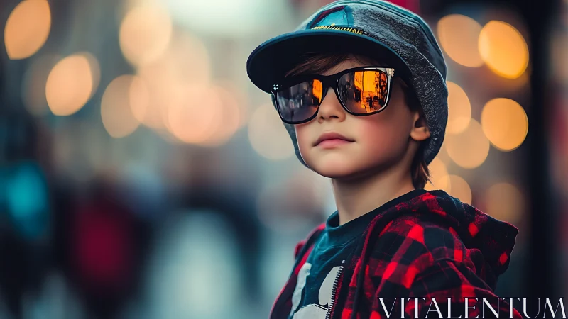 Young male subject wears oversized blue cap and mirrored sunglasses.