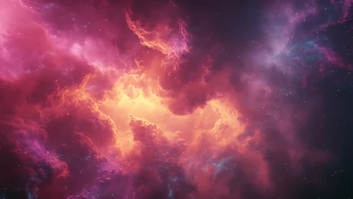 Gentle sunrise nebula glowing in rose and gold clouds.