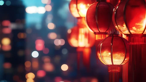 Photorealistic red lanterns against defocused urban bokeh nightscape.