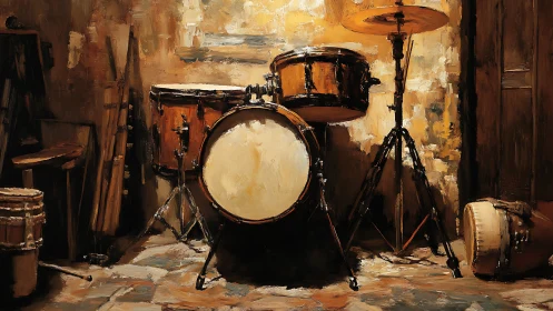 Weathered drum kit resting in warm studio corner.