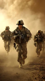 Infantry squad advancing through dusty combat zone at speed