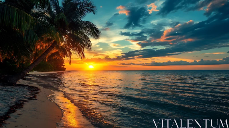 Tropical beach sunset with palm trees and calm shoreline.