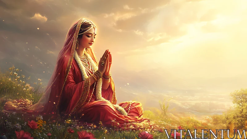 Woman in red traditional dress prays in glowing meadow
