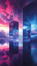 Dreamlike mirrored towers glowing in a neon twilight sky.