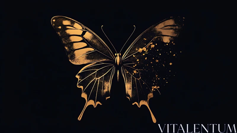 Golden butterfly silhouette dissolves into shimmering splashes.