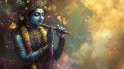Blue flute player in golden light and drifting petals.