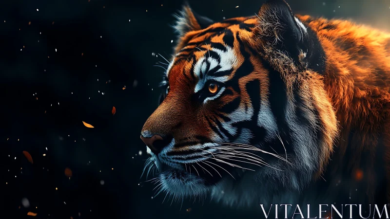 Fiery eyed tiger gazes softly into a glowing twilight hush