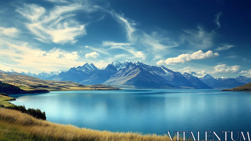 High-dynamic-range alpine lake panorama with crisp aerial perspective