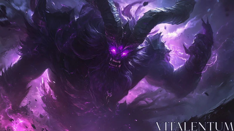 Horned void demon erupts in a storm of violet energy