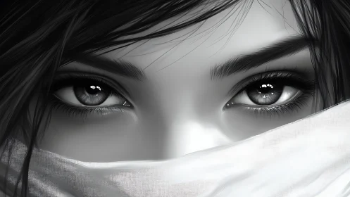 Monochrome female gaze dominates frame with veiled mystery.