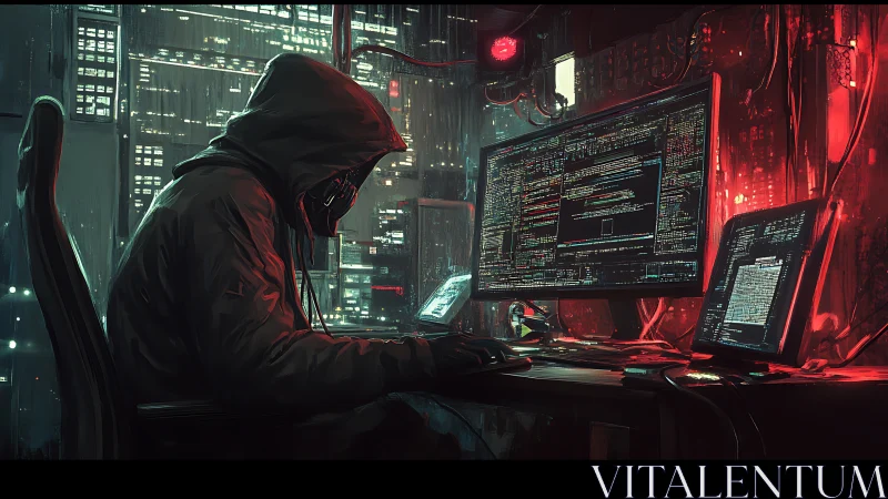 Hooded hacker codes in neon-lit cyberpunk control station