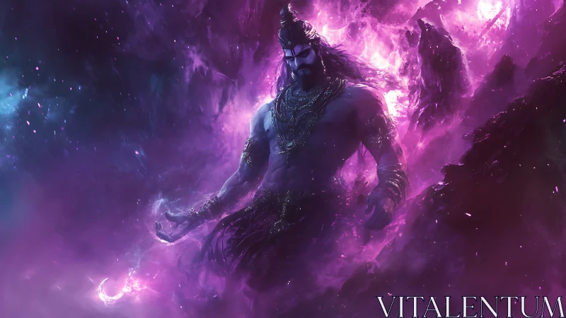 Cosmic warrior draped in nebula fire and violet stormlight.