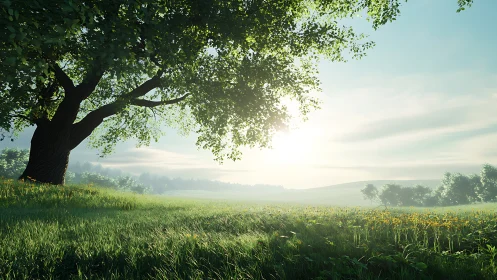 Sunlit tree over grassy meadow with distant rolling hills.