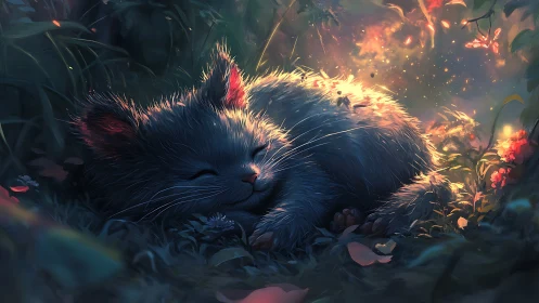 Luminescent Cat Dreams Amid Burning Garden Blooms.