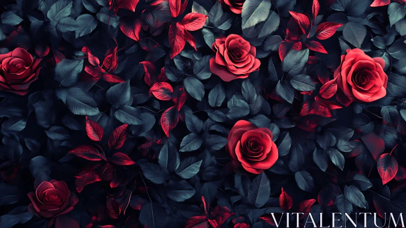 Red Roses with Dark Foliage in Moody Lighting.