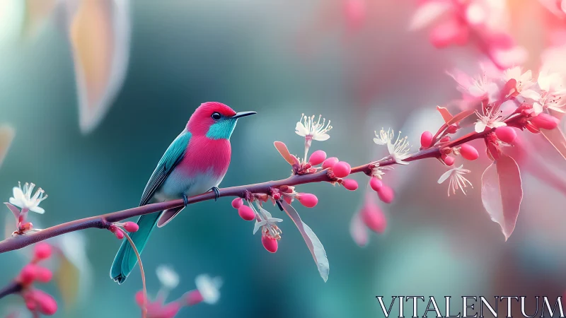 Vibrant Songbird on Blossoming Branch, Dreamy Pastel Nature Art.