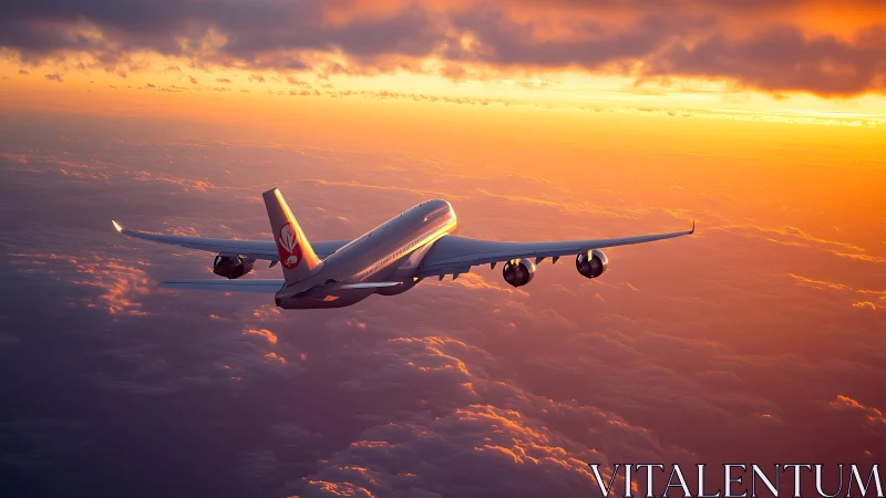 Widebody jetliner cruising above stratocumulus at sunset light