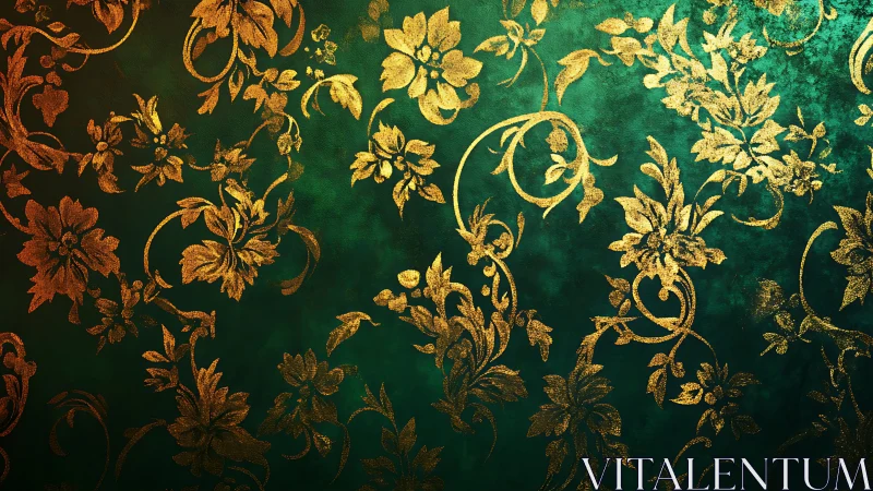 Ornate gold floral damask over emerald textured backdrop