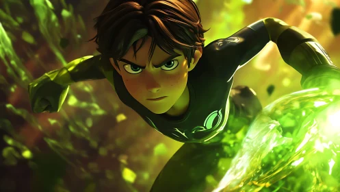 Animated youth in green suit generating energy field.