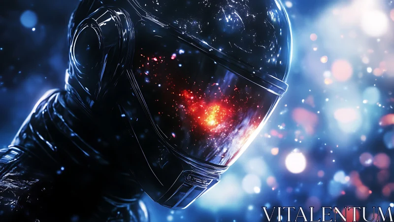 Cosmic nebula reflected in sleek astronaut visor under bokeh glow